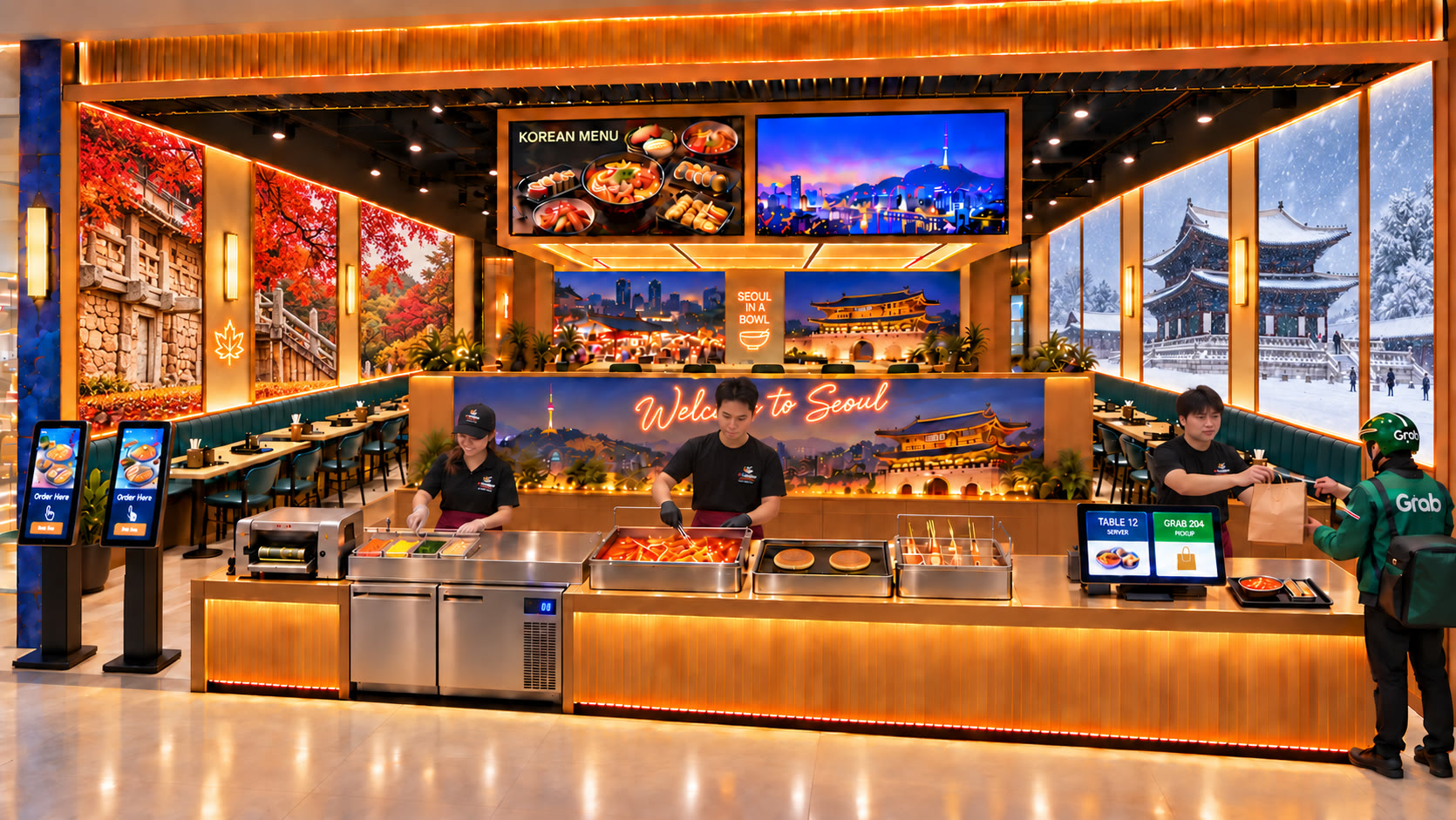 Illustrative 3D concept of the open cooking line with two order kiosks, kimbap, tteokbokki, odeng, hotteok and takeaway pickup